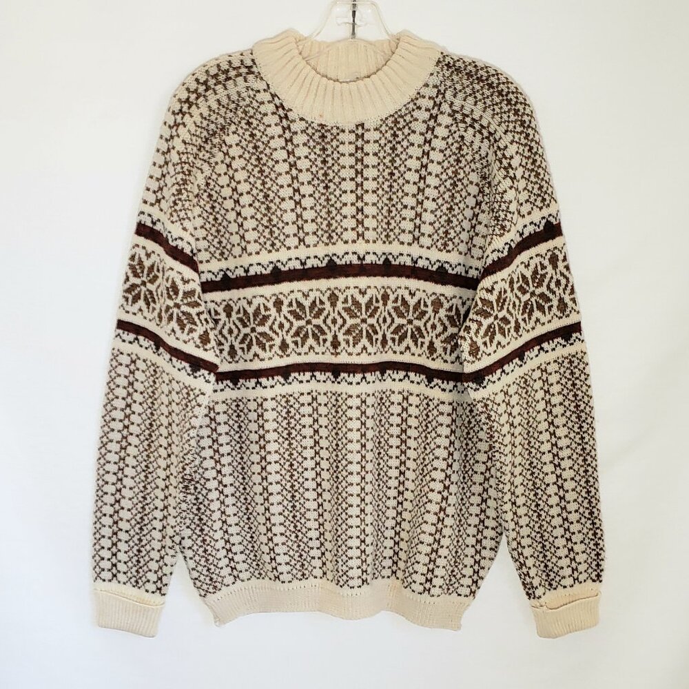 VTG Fair Isle Ivory red brown Grandpa Chunky knit 100% wool Crewneck Sweater XL